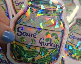 Holographic pickle sticker – hand-drawn food sticker with a funny saying