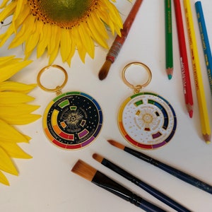 Könnte beinhalten: Zwei runde Schlüsselanhänger mit Farbkreis-Design und goldfarbenen Ringen. Einer ist schwarz mit einem Regenbogenfarbschema, der andere ist weiß. Pinsel, Buntstifte und eine Sonnenblume befinden sich im Hintergrund. Die Schlüsselanhänger haben Text.
