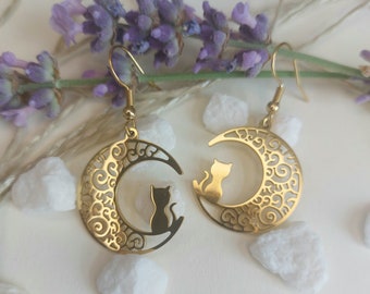 Half moon earrings cat on the moon stainless steel ear hooks in gold and silver girls earrings round