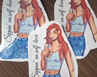 Holographic Self-Love Sticker with Bubble Tea – Sippin’ on Self-Love