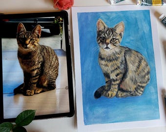 Painted cat or dog picture from a photo, personalized picture of your cat, hand-painted gouache illustration, A4 cat painting, dog portrait
