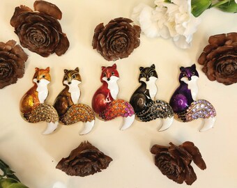 Fox enamel pin colorful brooch pin with rhinestones also usable as a necklace pendant