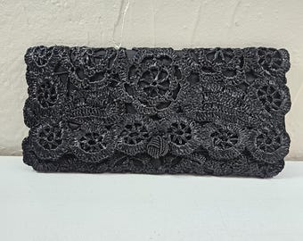 Vintage Raffia Clutch Purse with Beaded Clasp, Straw Evening Bag 1950s Black Woven
