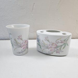 Vintage Bathroom Accessories Ceramic Toothbrush Holder and cup Made in Japan 1970s.