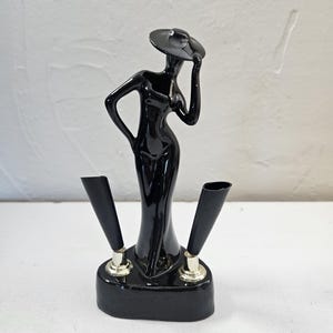 Vintage 1950s pen holder, Vtg 50s Art Deco inspired pen holder, Vintage black glazed ceramic woman figurine pen holder, unique pen holder