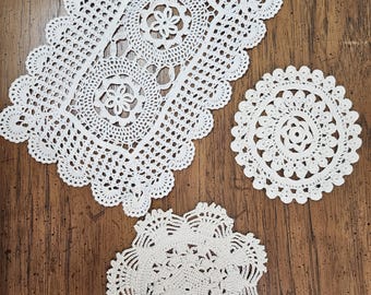 Set of 3 Vintage Handmade Crochet Doilies, Off White