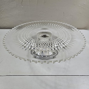 Vintage Pressed Glass Cake Stand: Diamond Point, Beaded Rim, Nickel Foot