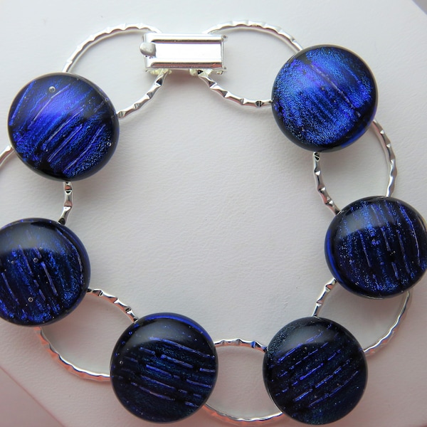 Blue, black Fused Glass Dichroic Bracelet with Gift Box