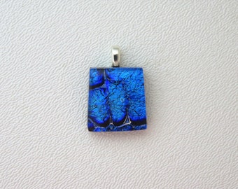 Blue and black Fused Glass, pendant, Cabochon with Cord and Gift Box