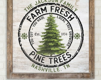 Personalized Christmas Tree Winter Holiday Farmhouse Rustic Wall Art Canvas Print Vintage Christmas Tree Farm Custom Art Sign E