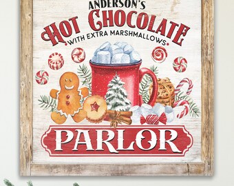 Personalized Christmas Hot Cocoa Holiday Farmhouse Rustic Wall Art Canvas Print Vintage Christmas Hot Chocolate Custom Art Sign E