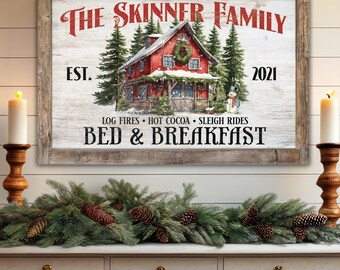 Personalized Christmas Decoration Family Bed & Breakfast Winter Holiday Farmhouse Rustic Canvas Print Wall Art Custom Family Art Sign B