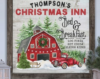Personalized Family Christmas Art Winter Holiday Bed & Breakfast Farmhouse Rustic Wall Art Canvas Print Vintage Christmas Custom Art Sign E