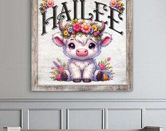 Personalized Baby Nursery Art, Baby Shower Gift, Baby Decor, Baby Highland Cow, Canvas Wall Art, Baby Nursery Art, Baby Girl Gift, Sign E