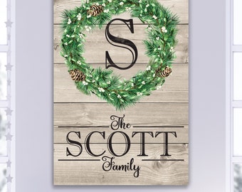 Personalized Winter Christmas Wreath Family Monogram Farmhouse Rustic Canvas Print Wall Art Custom Family Vintage Christmas Sign B