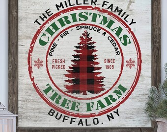 Personalized Family Christmas Tree Farm Sign Winter Holiday Farmhouse Rustic Wall Art Canvas Print Christmas Buffalo Plaid Decoration Sign E