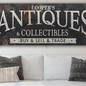 Personalized Antiques Sign Modern Farmhouse Rustic Wall Decor Canvas Print Vintage Rustic Chic Antique Market Custom Art Sign D
