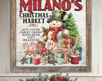 Personalized Family Christmas Market Custom Sign Winter Holiday Farmhouse Rustic Wall Art Canvas Print Christmas Tree Snowman Art Sign E