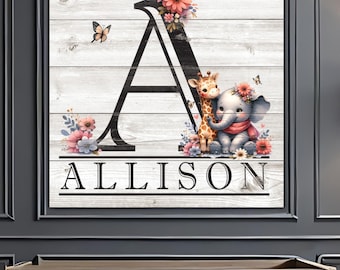 Personalized Baby Nursery Art, Baby Elephant, Baby Giraffe, Baby Shower Gift, Initial, Baby Decor, Canvas Wall Art, Nursery Print, Sign E