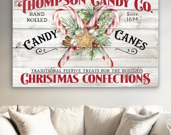 Farmhouse Christmas Decoration Candy Cane Holiday Rustic Personalized Family Custom Canvas Print Wall Art Vintage Rustic Christmas Sign B