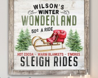 Personalized Christmas Sleigh Ride Winter Holiday Farmhouse Rustic Wall Art Canvas Print Vintage Sled Winter Wonderland Custom Art Sign E
