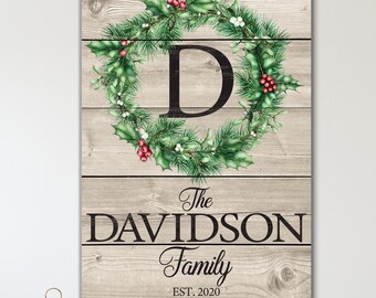 Personalized Christmas Winter Wreath Family Monogram Holiday Farmhouse Rustic Canvas Print Vintage Wall Art Custom Decoration Sign B