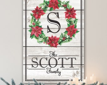 Personalized Christmas Winter Wreath Family Monogram Holiday Farmhouse Rustic Canvas Print Vintage Wall Art Custom Family Christmas Sign B