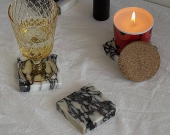 Calacatta Viola Marmor quadratischer Untersetzer 2er Set, handgemachtes Untersetzer Einweihungsgeschenk, Hochzeitsgeschenk