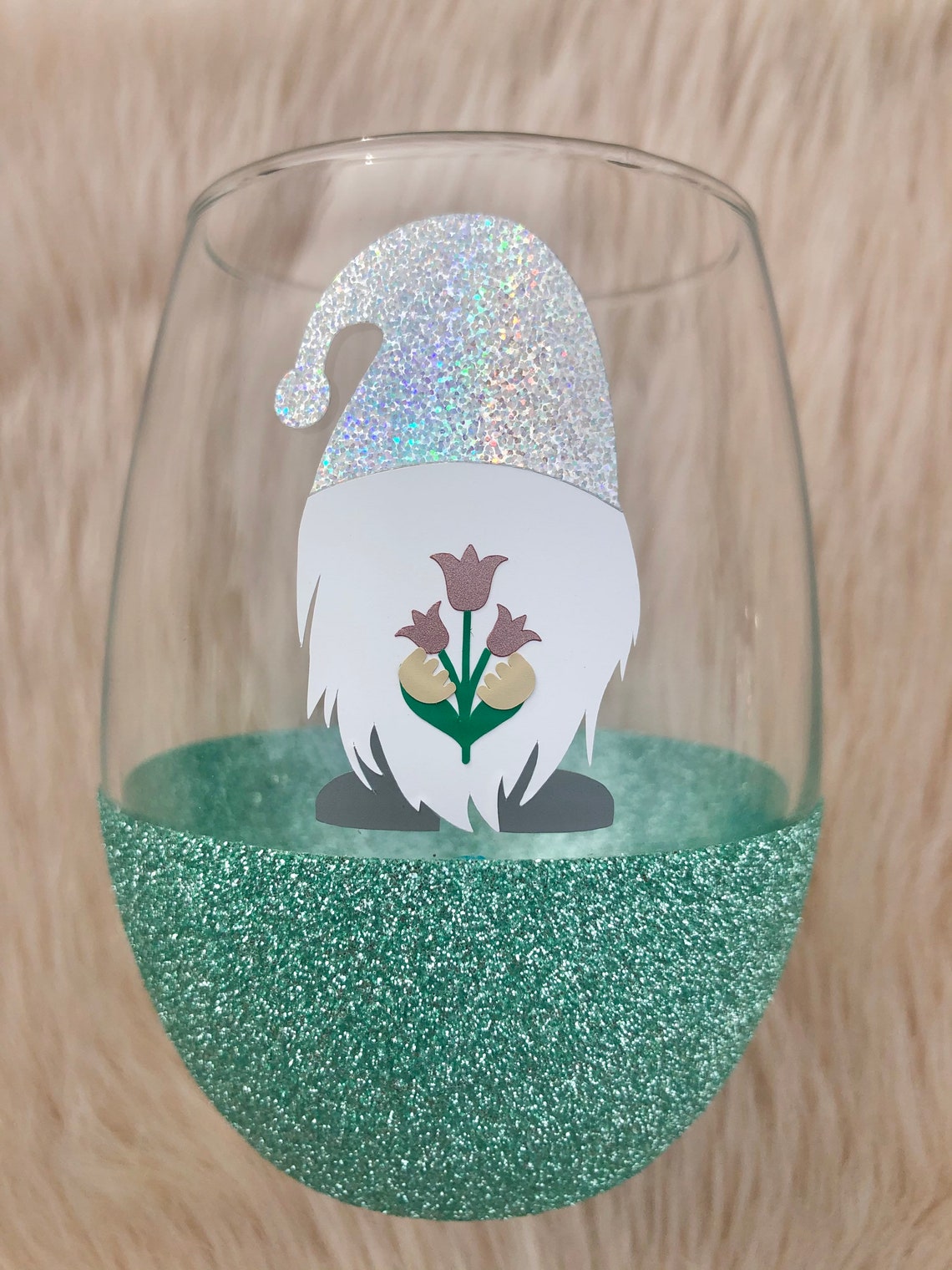 Gnome Wine Glass Gnome Cup Glitter Bottom Glass Etsy