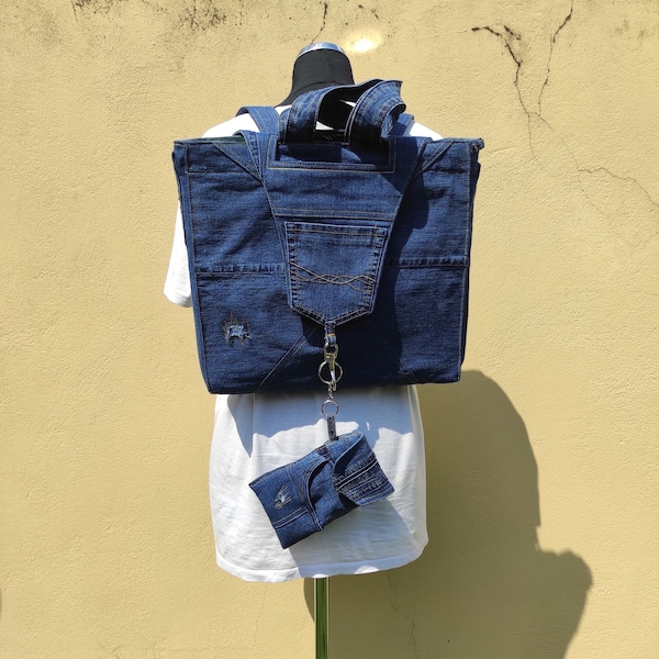 Upcycled Denim Backpack with Matching Phone Purse. Jeans Fabric Travel Bag.