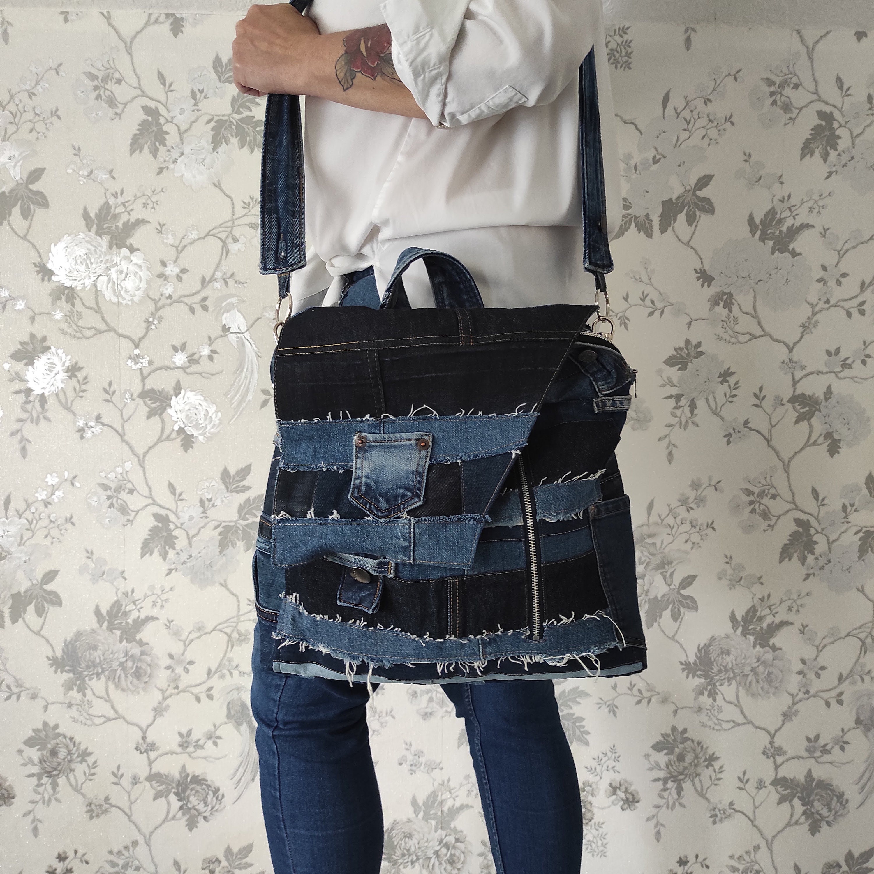 Women's Distressed Patchwork Denim Buckle Shoulder Bag