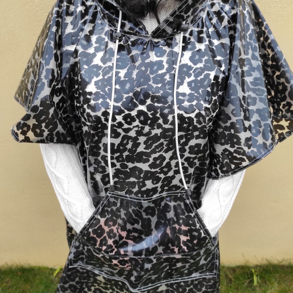 Vinyl Hooded Cape. PVC Semi-Transparent Poncho Raincoat for Women.