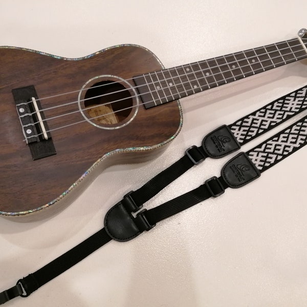 Handmade, woven Adjustable Ukulele Strap, Ukulele neck strap in Black and White colors, woven Ukulele strap