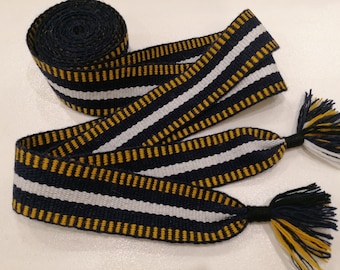 Handmade woven striped belt in White, Yellow and Blue colors.