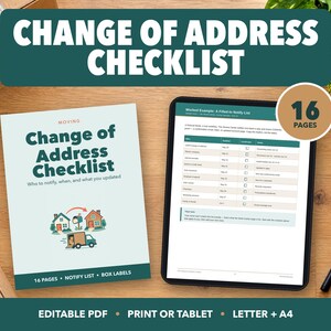 May include: A 16-page Change of Address Checklist document in PDF format, featuring a cover page with house and moving truck illustrations and an interior page showing a notification table, designed for printing or use on a digital tablet.