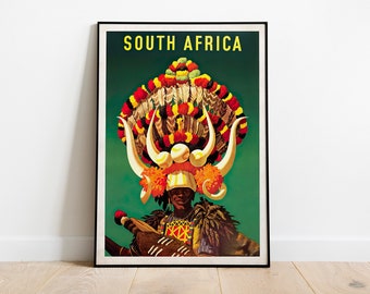 Vintage South Africa travel poster // Durban Zulu Ricksha Boy //  Vintage Travel Posters