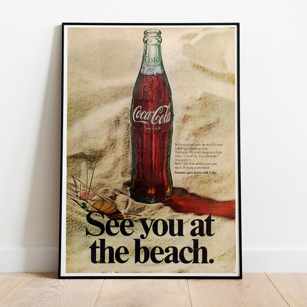 Affiche publicitaire pour Coca Cola de 1969 / À bientôt à la plage / Affiche Coca Cola / Affiche boissons / Publicité vintage