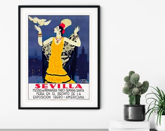 Vintage Sevilla travel print // Feria poster // Spain // Retro 1930 poster // Sevilla wall art // Sevilla poster // Vintage Travel Posters