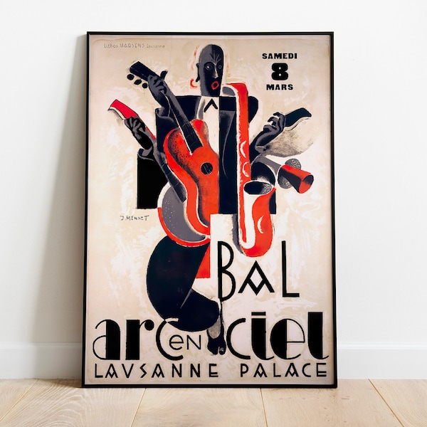 Vintage Swiss Jazz Poster //Bal Arc en Ciel, Lausanne Palace // Poster from 1929 // Vintage Jazz Poster