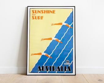 affiche de voyage vintage en Australie // Soleil et surf // Association nationale du voyage // Australie // affiches de voyage vintage
