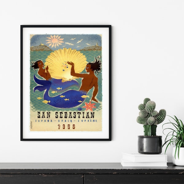 Vintage San Sebastian travel poster // Tourist poster 1955 // Spain // Travel poster // Paint Effect // Vintage Travel Wall Art Print