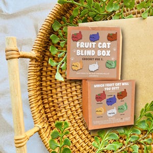 May include: Two small, square boxes with the text "FRUIT CAT BLIND BOX" and "CROCHET VER 1." are displayed. The boxes feature illustrations of fruit-themed cats. The boxes are on a woven basket with green leafy sprigs.