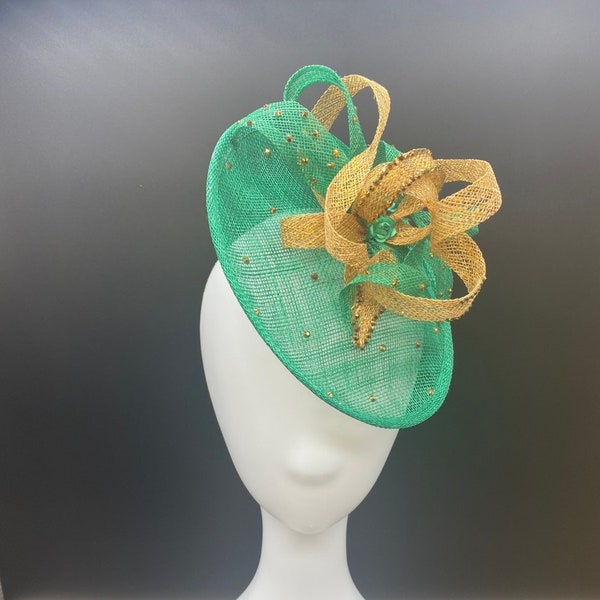 Bespoke Green and gold with gold diamantés sparkly sinamay Fascinator. Weddings, Mother of the bride/groom Ladies day races fashion.