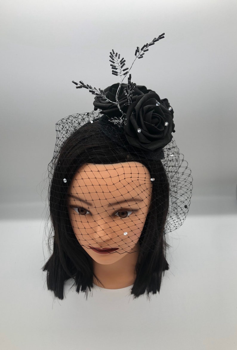 Black Fascinator With Diamante Veil Diamantés Fascinator Etsy