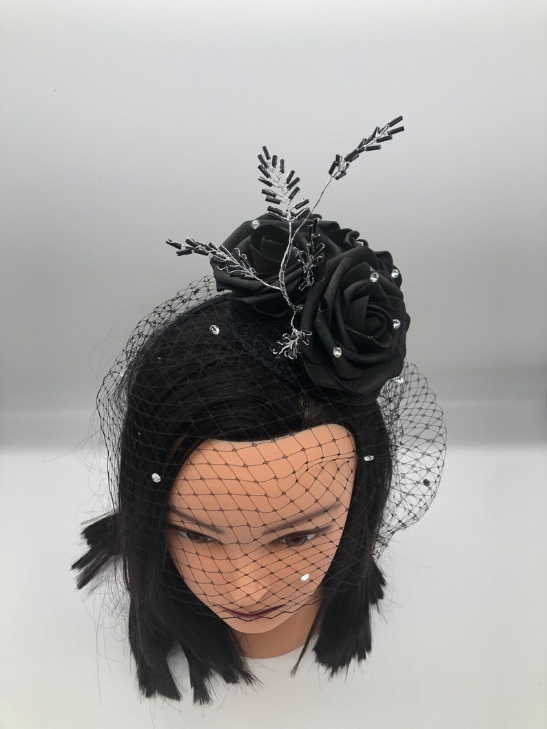Black Fascinator With Diamante Veil Diamantés Fascinator Etsy