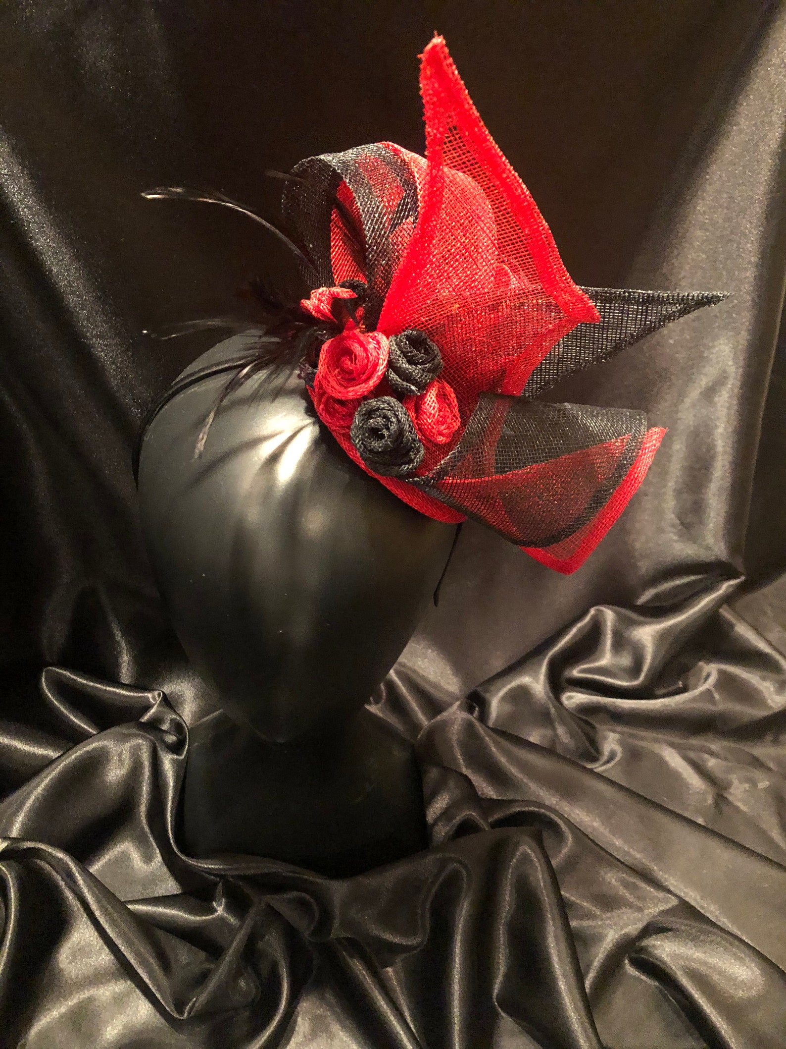 Black and Red Fascinator Roses Black Feathers Valentines Etsy