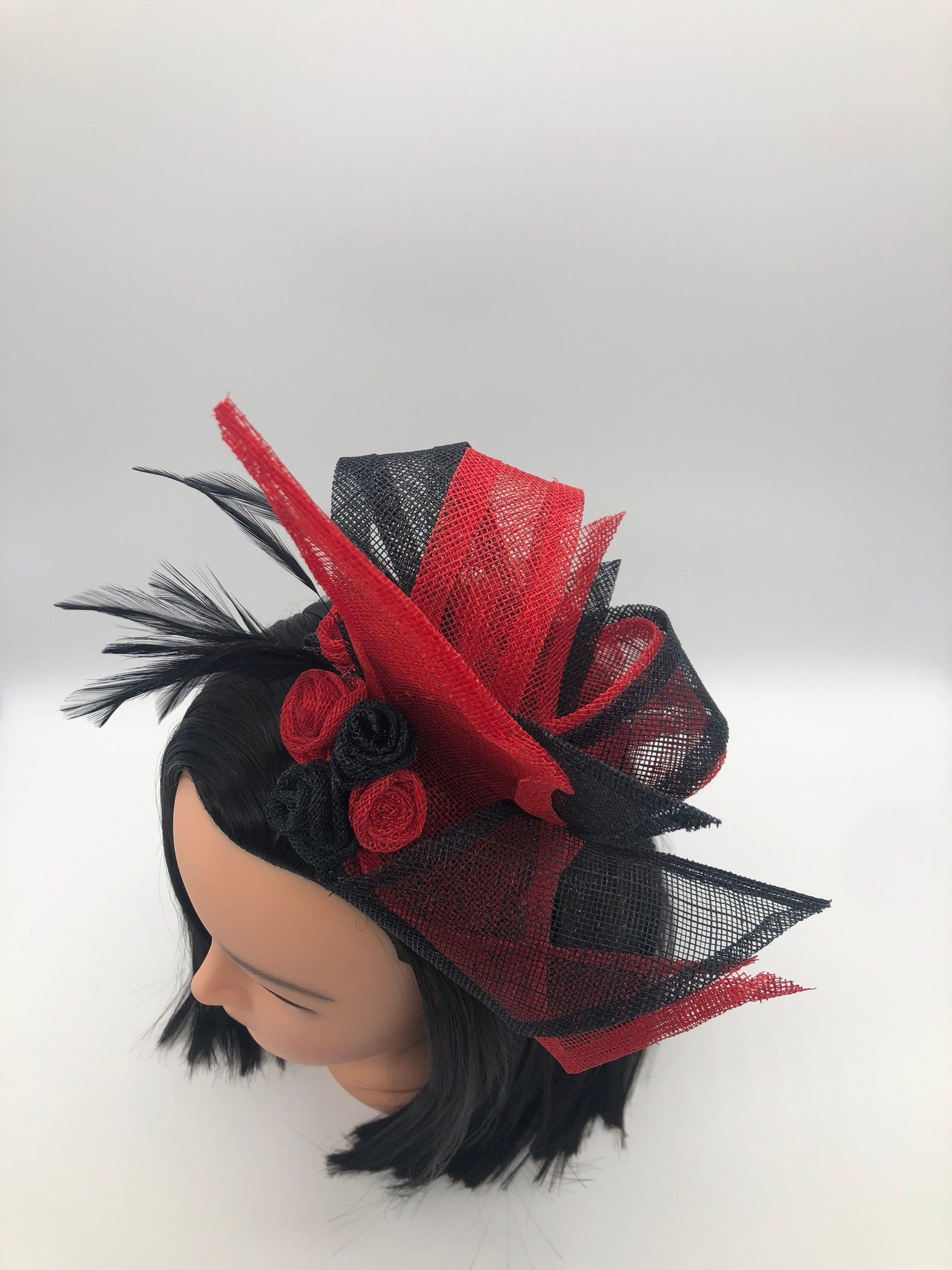 Black and Red Fascinator Roses Black Feathers Valentines Etsy