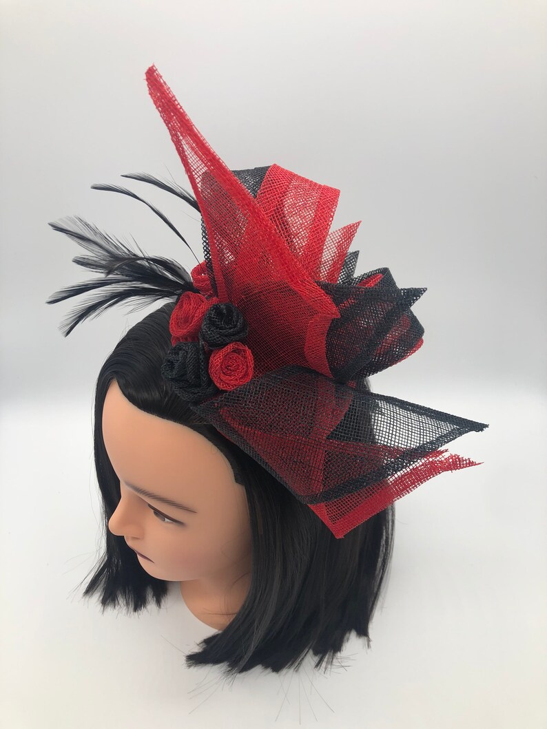 Black and Red Fascinator Roses Black Feathers Valentines Etsy