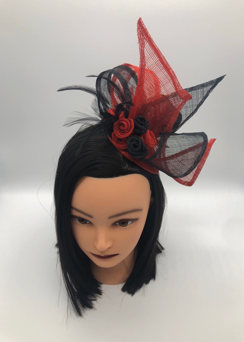 Black and Red Fascinator Roses Black Feathers Valentines Etsy