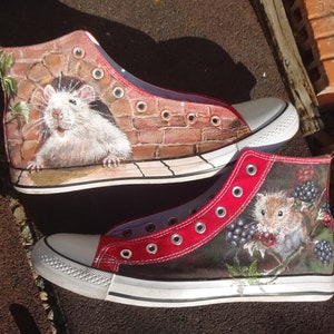 painted sneakers, painted fabric shoes, mice or rat